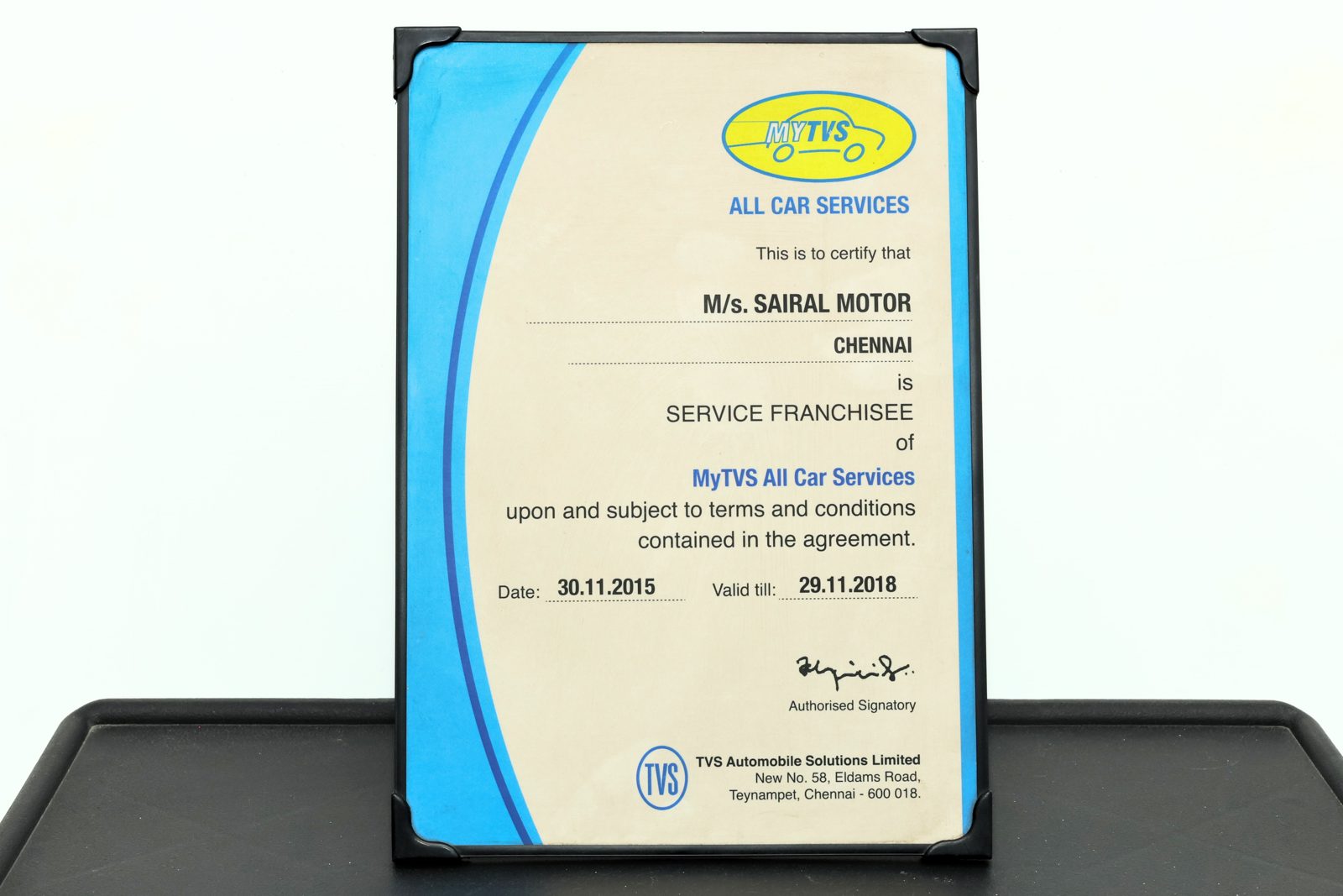 myTVS All Car Services franchisee certificate
