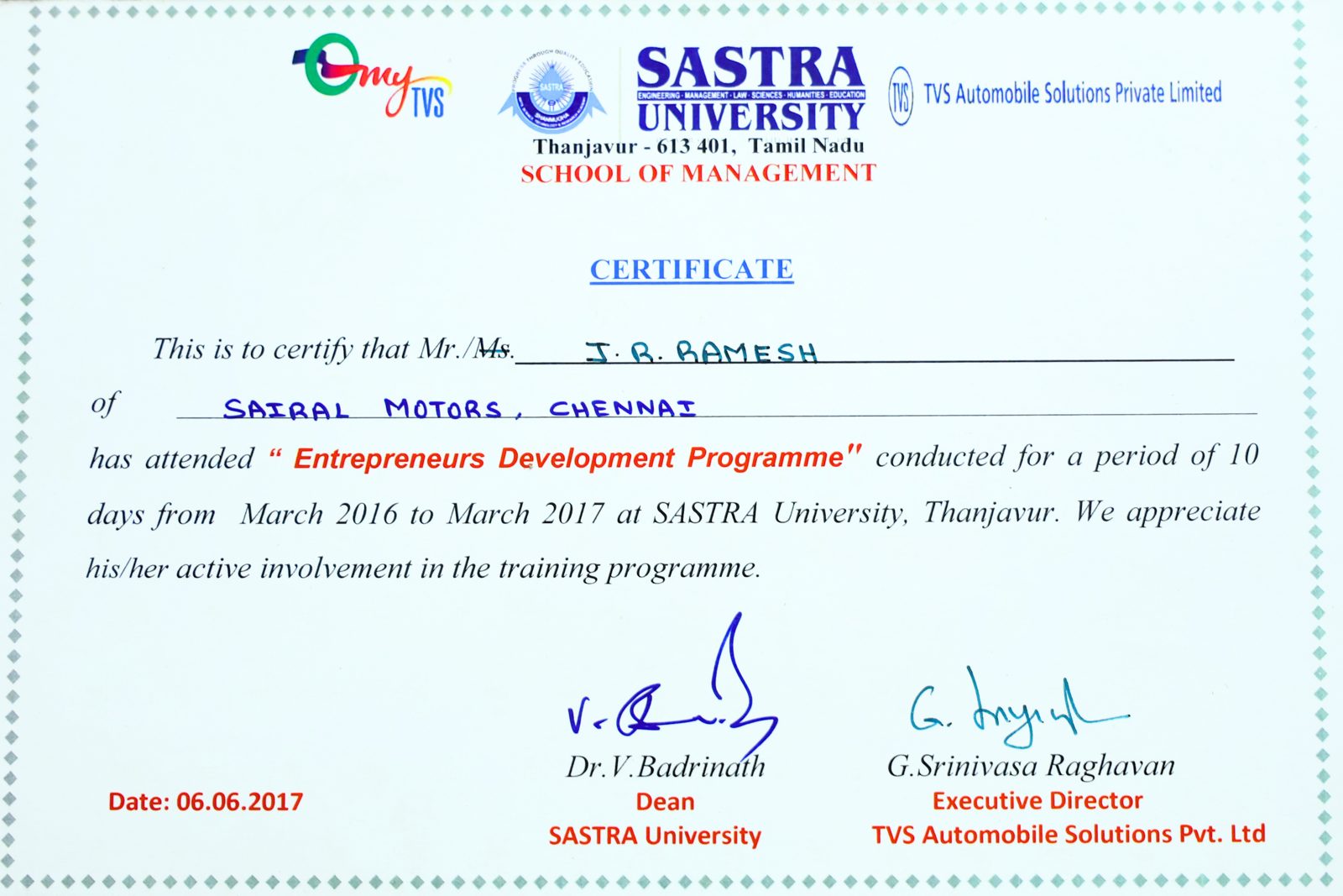 SASTRA University Entrepreneurs Development Programme certificate