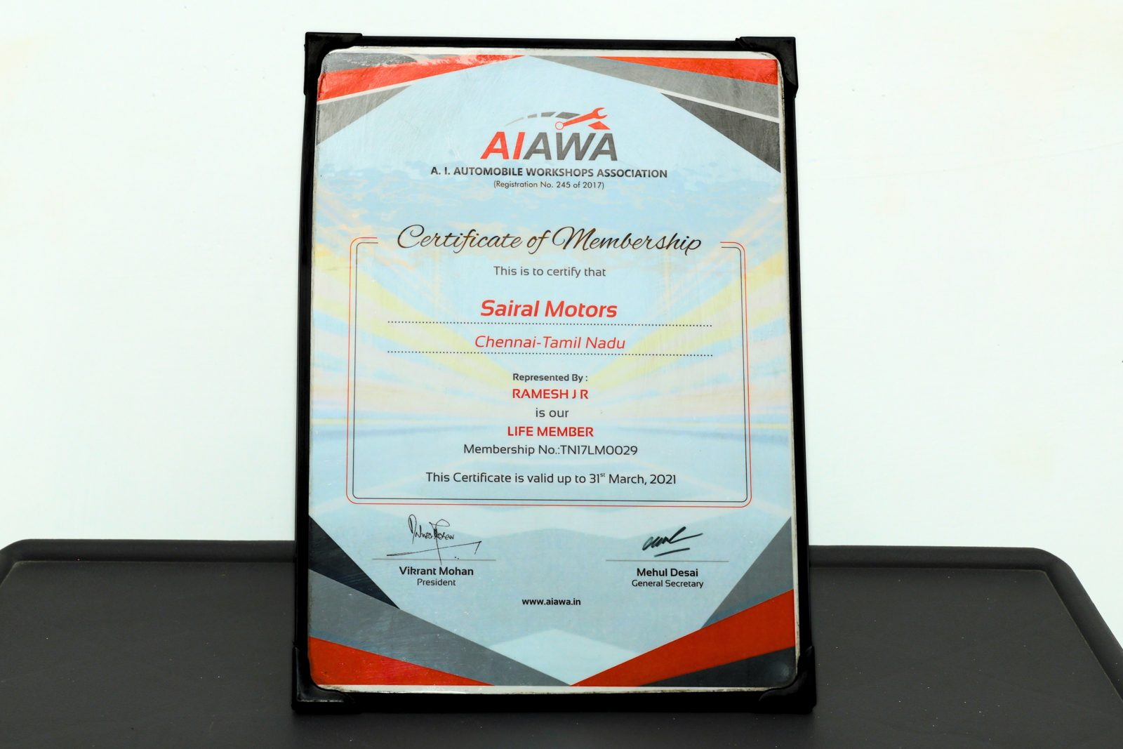 AIAWA Certificate of Life Membership — Sairal Motors