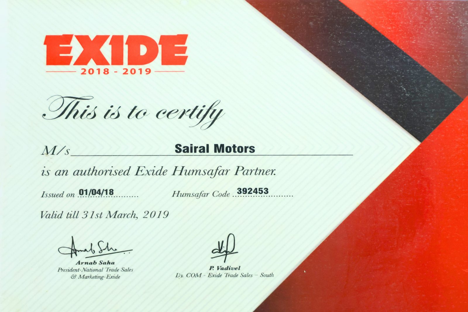 Exide Humsafar authorised partner certificate